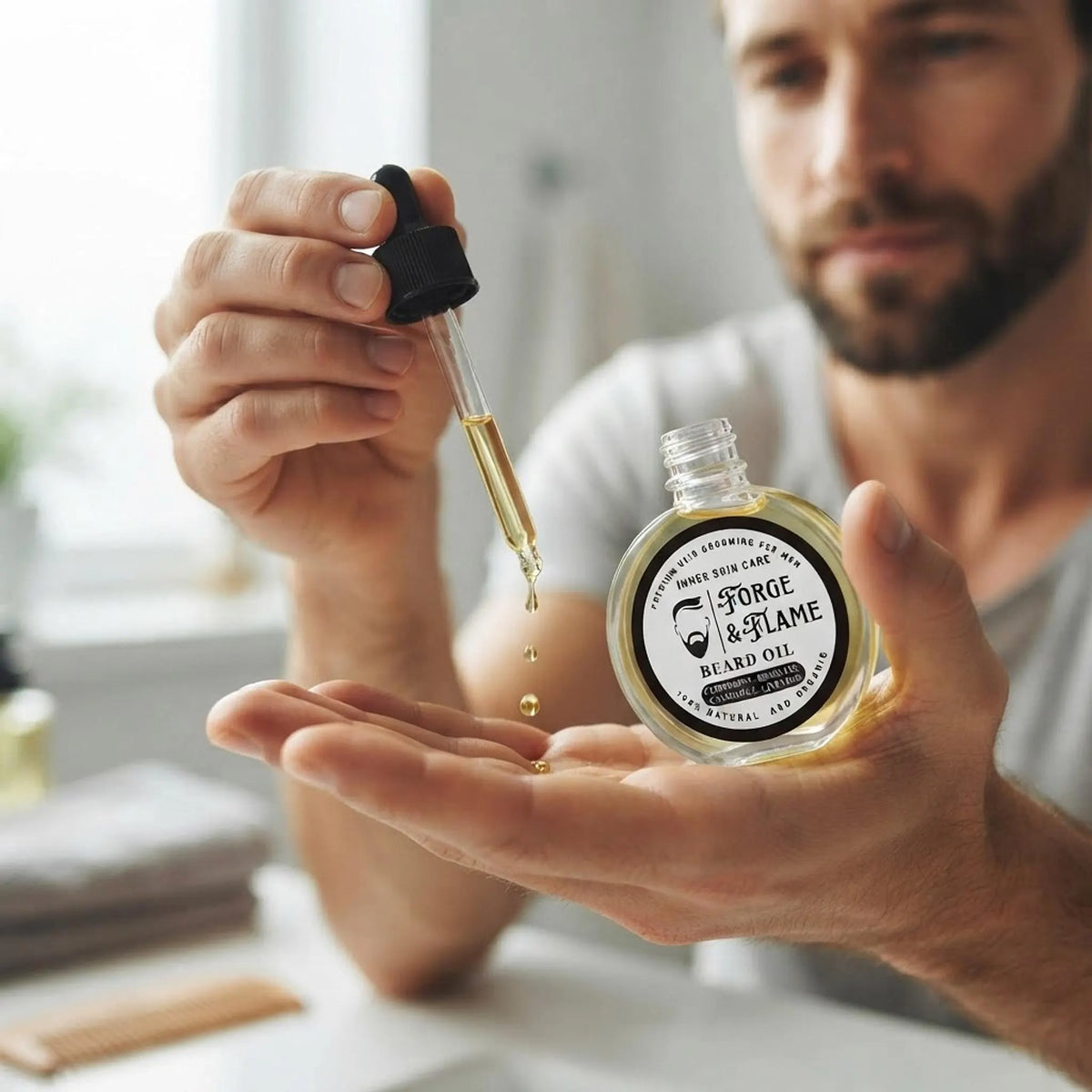 Forge and Flame beard oil bottle on a wooden bathroom vanity with a comb and towel.