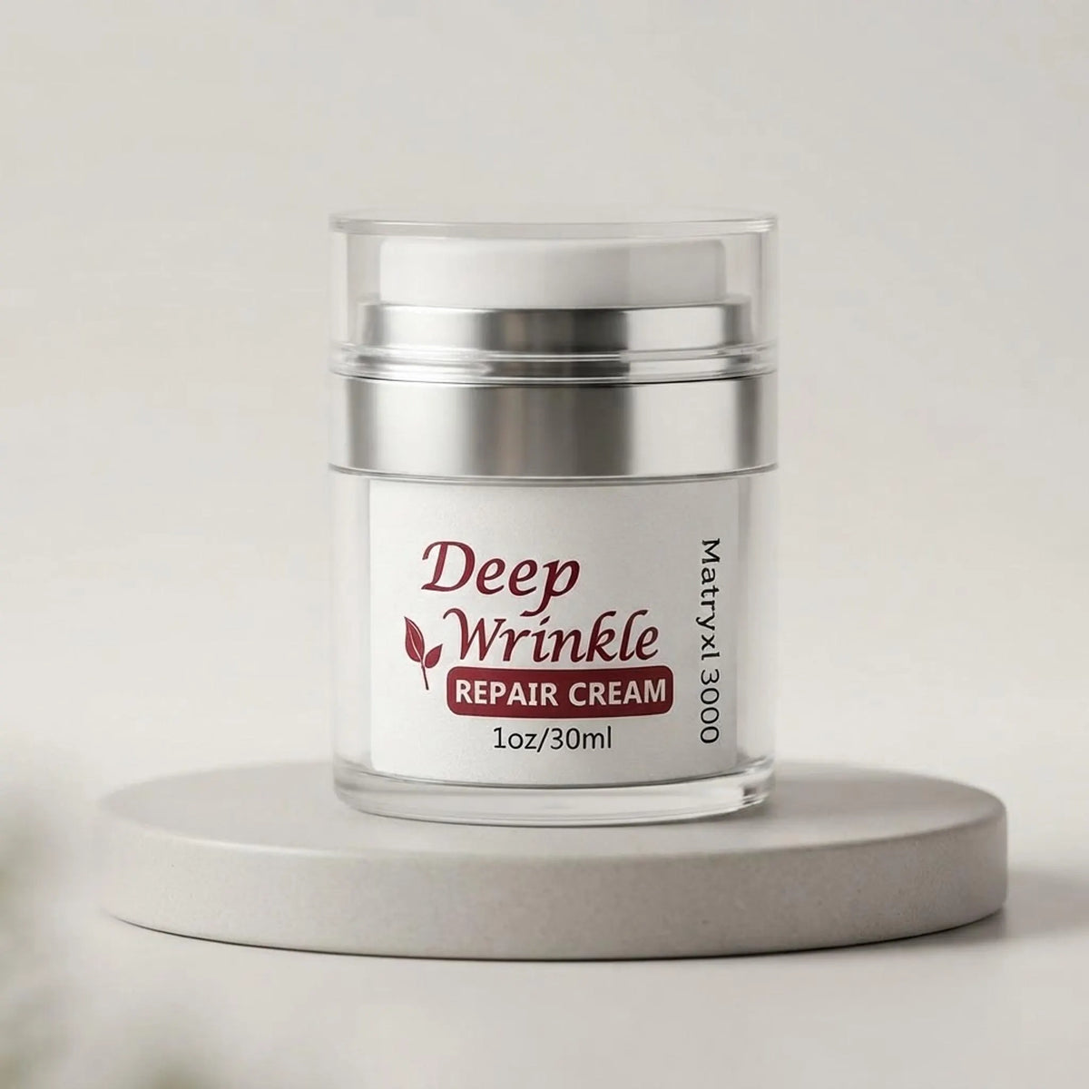 Deep Wrinkle Repair Cream jar on a minimalist podium showcasing its pump packaging.