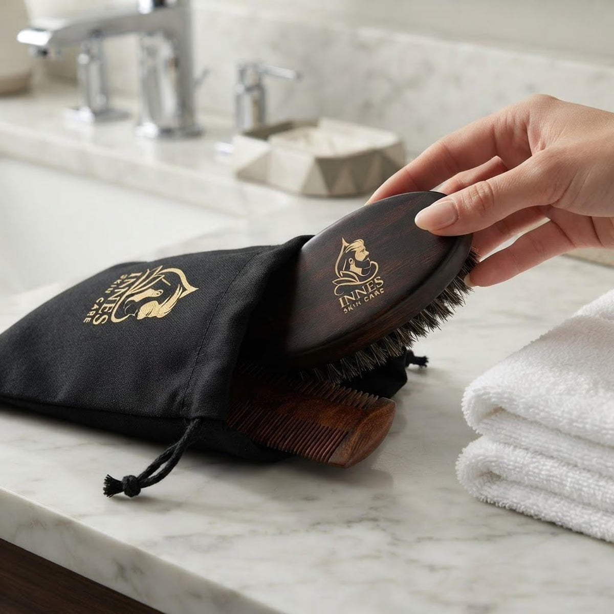 Beard Brush & Comb Set with Carrying Bag