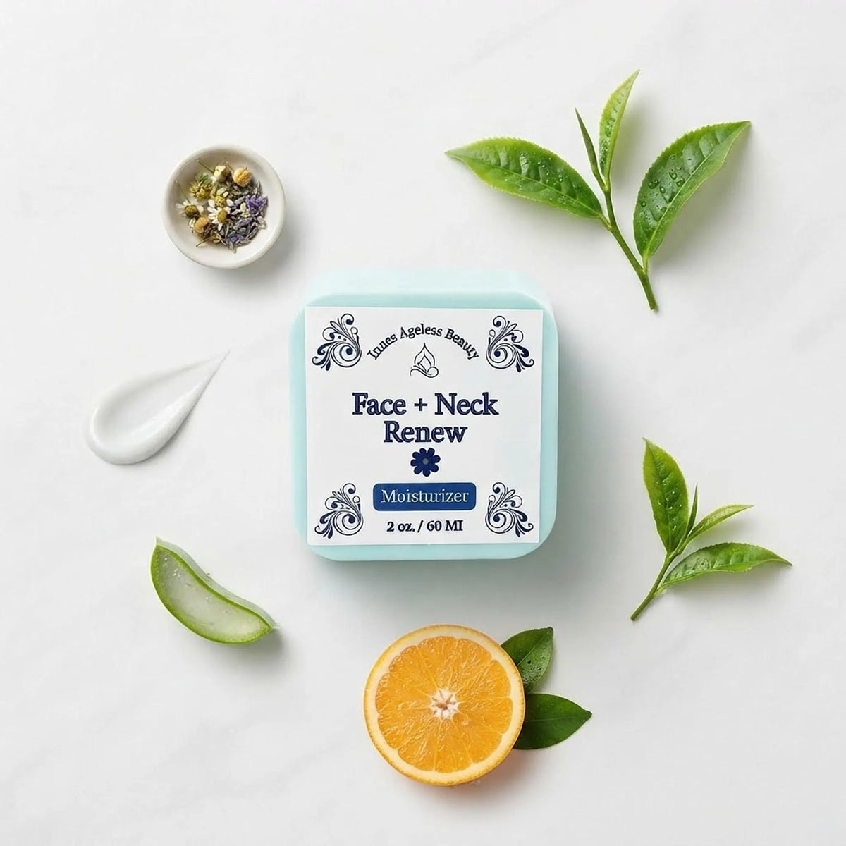Face and Neck Renew Moisturizer jar flat lay with key natural botanical ingredients like aloe and green tea.