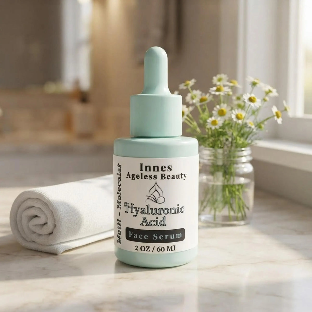 Innes Ageless Beauty Hyaluronic Acid Face Serum bottle sitting on a bright marble bathroom vanity with white towel and greenery.