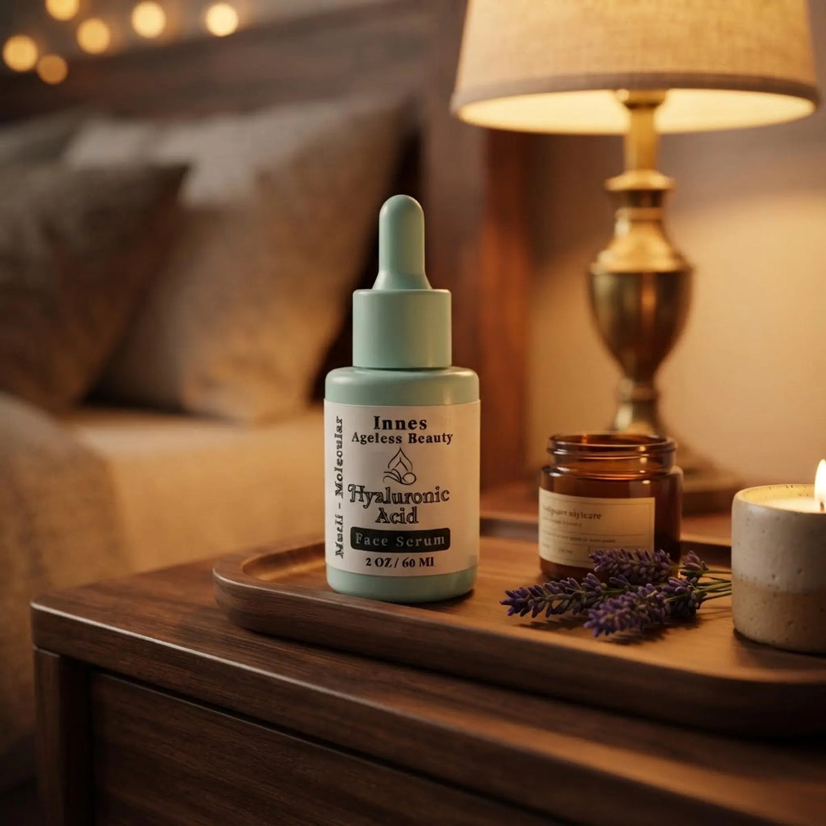 Innes Ageless Beauty serum bottle on a wooden tray with lavender on a bedside table in warm evening light.
