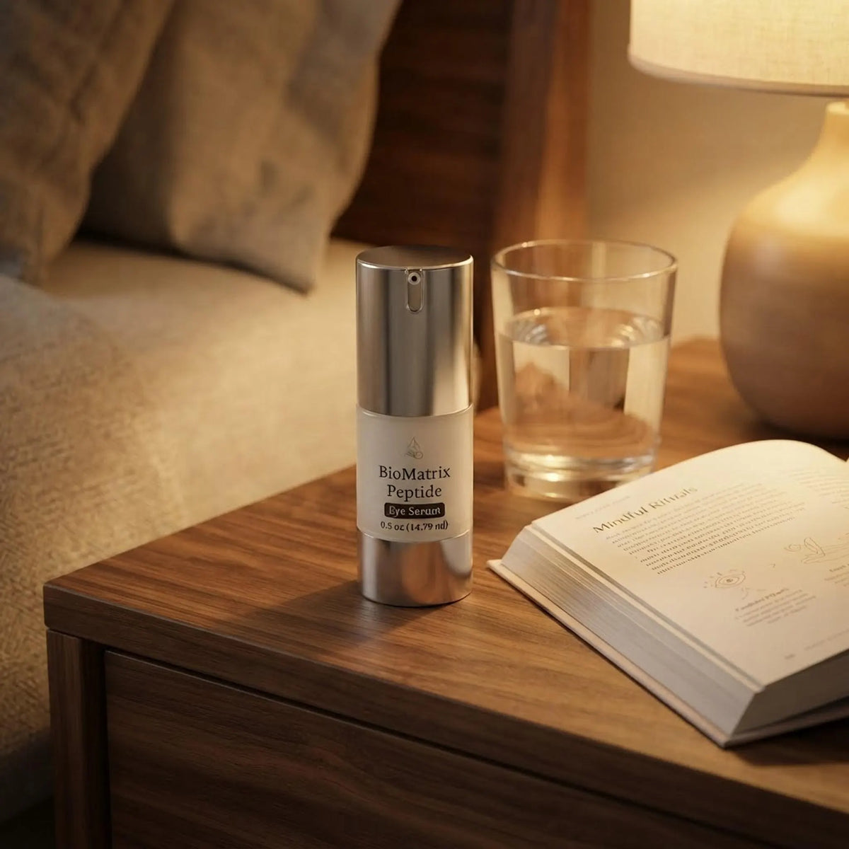 BioMatrix Peptide Eye Serum on a wooden nightstand with a book and lamp in warm evening light.