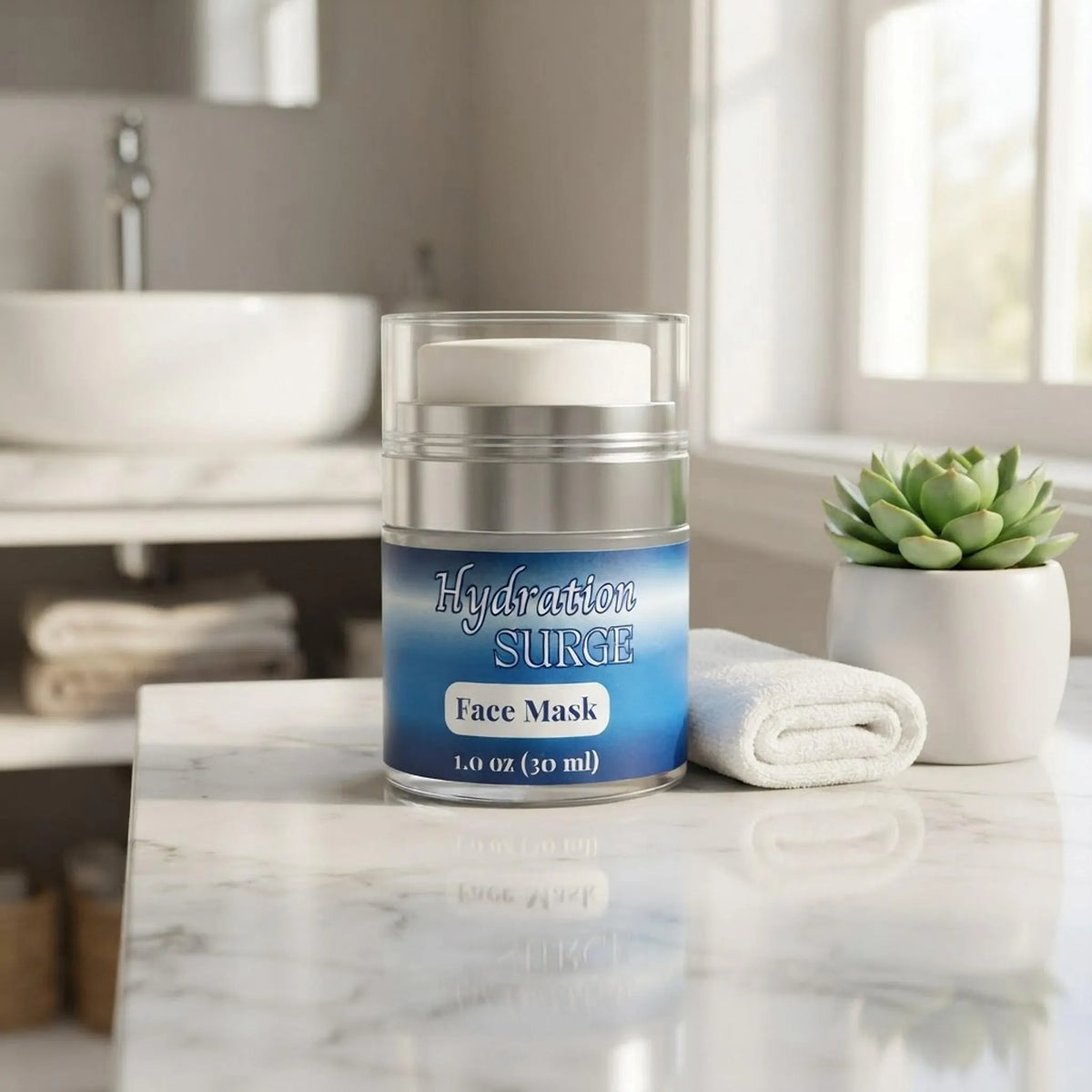 Hydration Surge Face Mask jar displayed on a modern white marble bathroom vanity with a white towel and green plant.