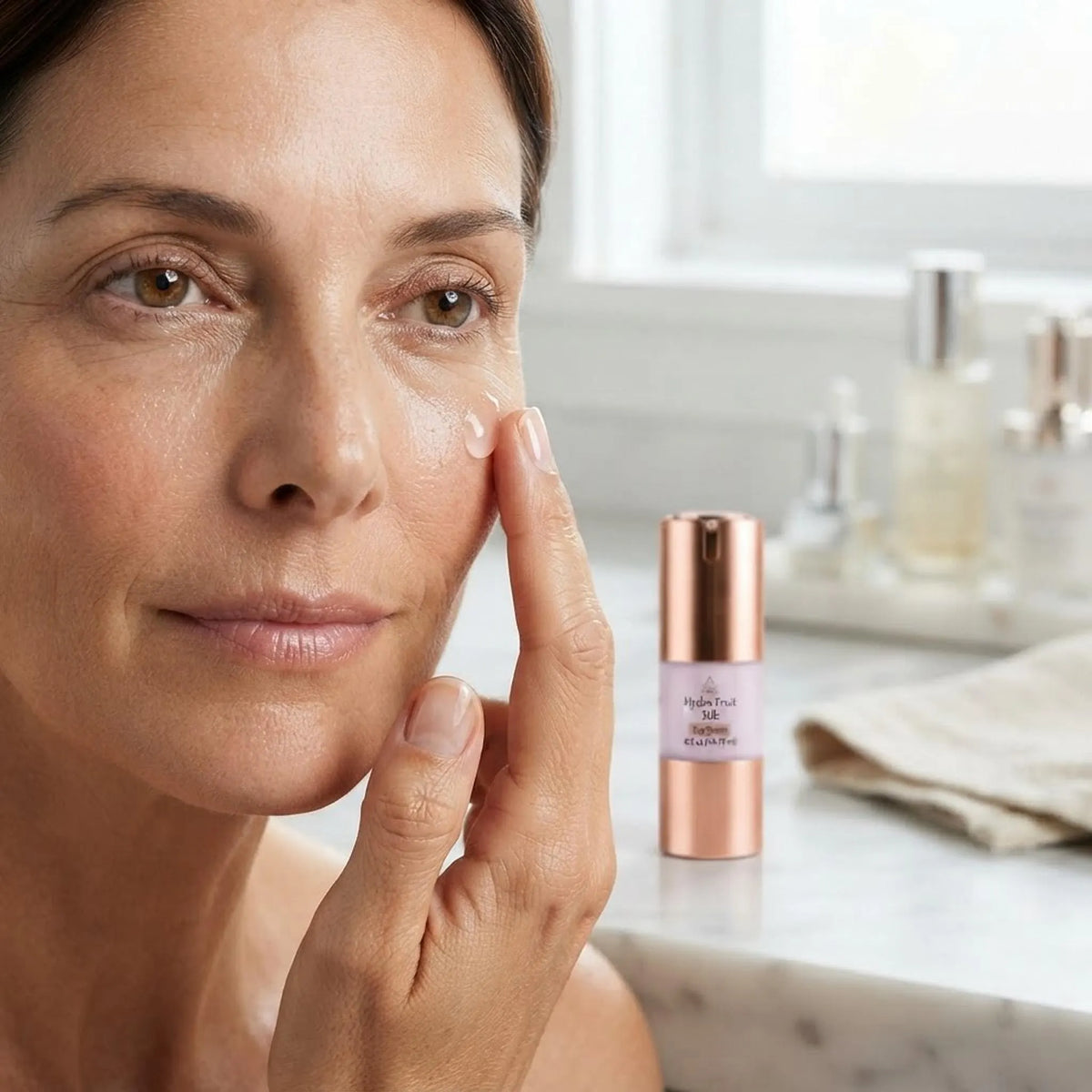 A woman gently applying the Hydro Fruit Silk Eye Serum under her eye.