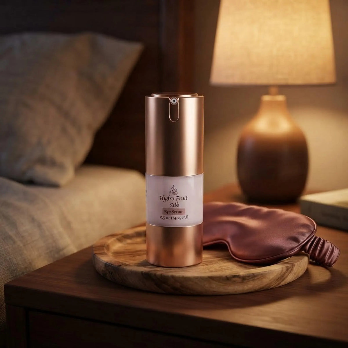 Hydro Fruit Silk Eye Serum bottle resting on a bedside table next to a silk eye mask.