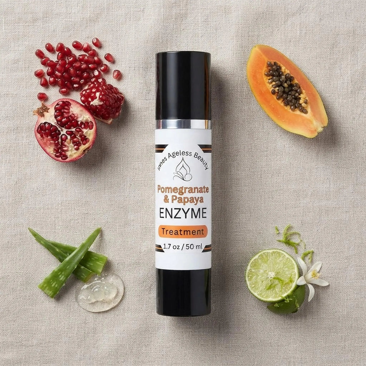 Flat lay photograph of the enzyme exfoliant bottle surrounded by fresh natural ingredients like pomegranate, papaya, and aloe vera
