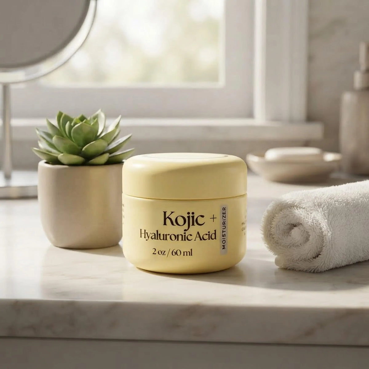 Pale yellow 2 oz moisturizer jar on a bright bathroom vanity next to a small plant and towel