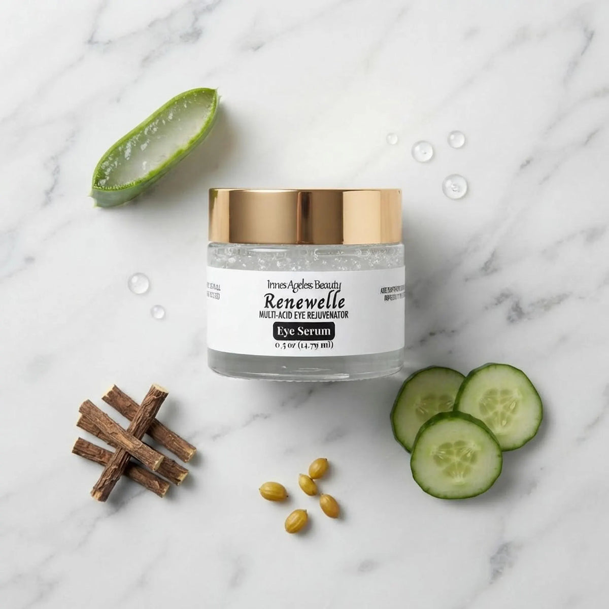 Flat lay of the Renewelle eye serum jar surrounded by fresh aloe vera and cucumber slices on a marble surface.