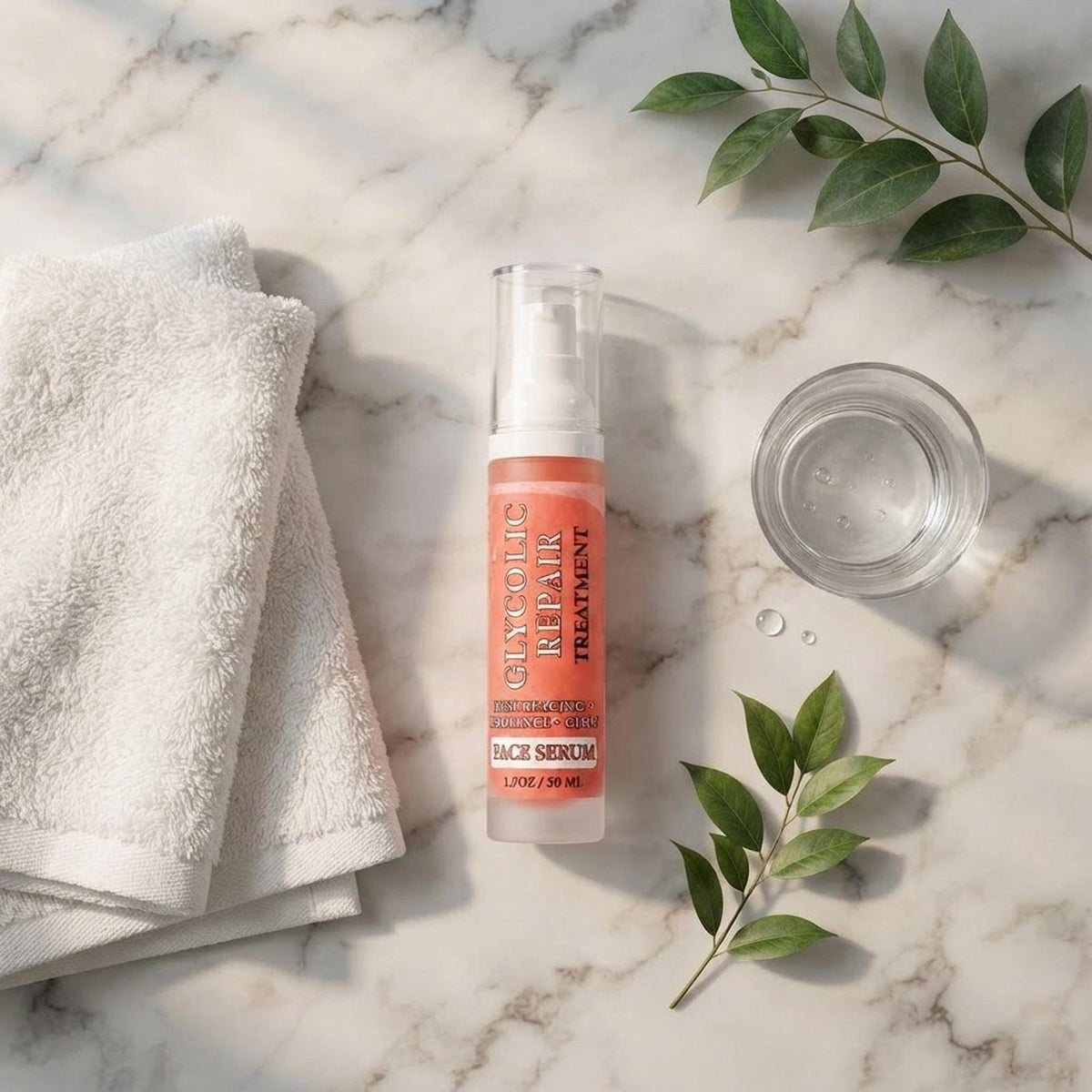 The Glycolic Renewal Serum bottle displayed in eco-friendly packaging for an unboxing view.