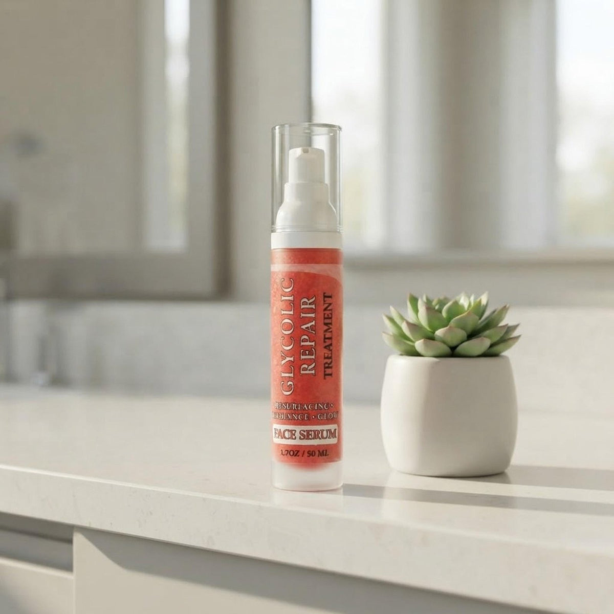 The 1.7 oz Glycolic Renewal Serum bottle standing on a modern bathroom shelf next to a small potted plant for scale.