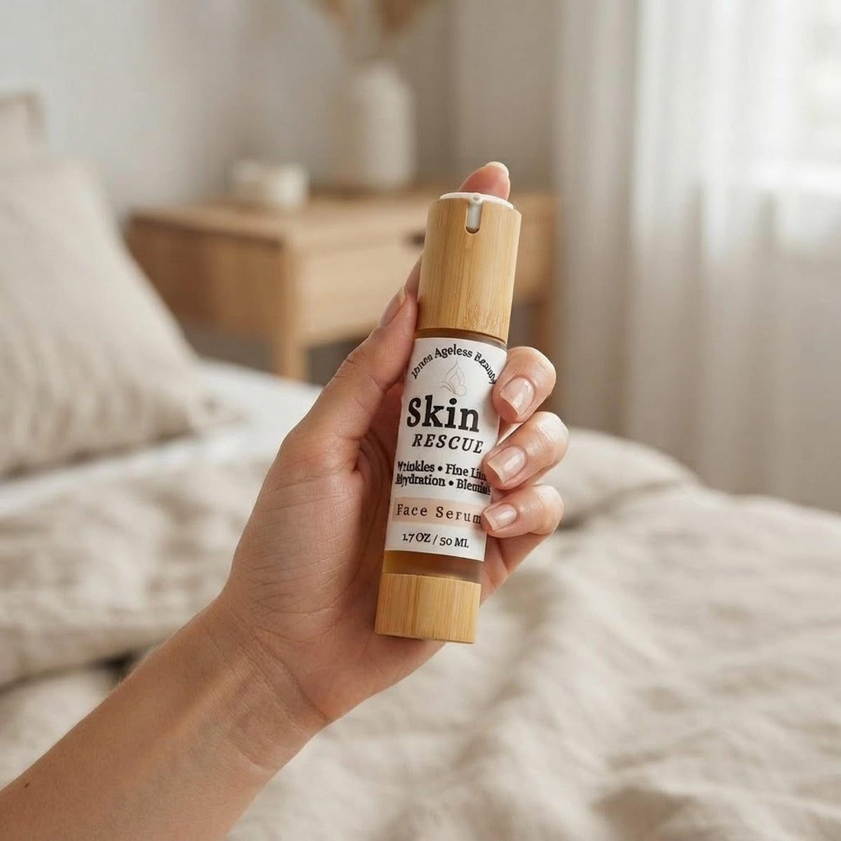 A woman holding the 1.7oz Skin Rescue Face Serum bottle in her hand for scale and context.