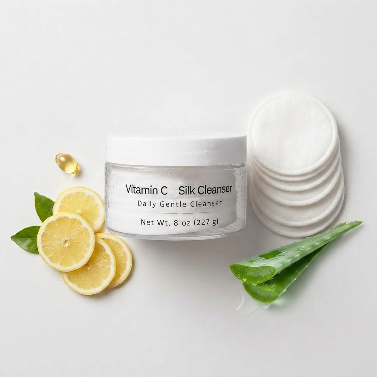 Flat lay showing Vitamin C Silk Cleanser jar, reusable bamboo cotton rounds, fresh lemons, and aloe leaves