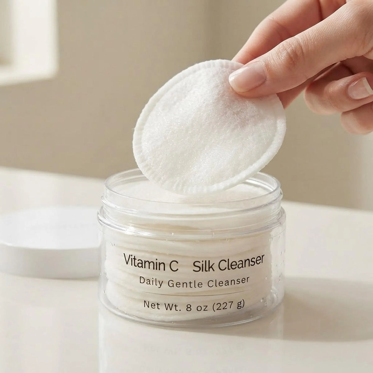 Macro close-up of a reusable bamboo cotton round being lifted from the Vitamin C Silk Cleanser jar