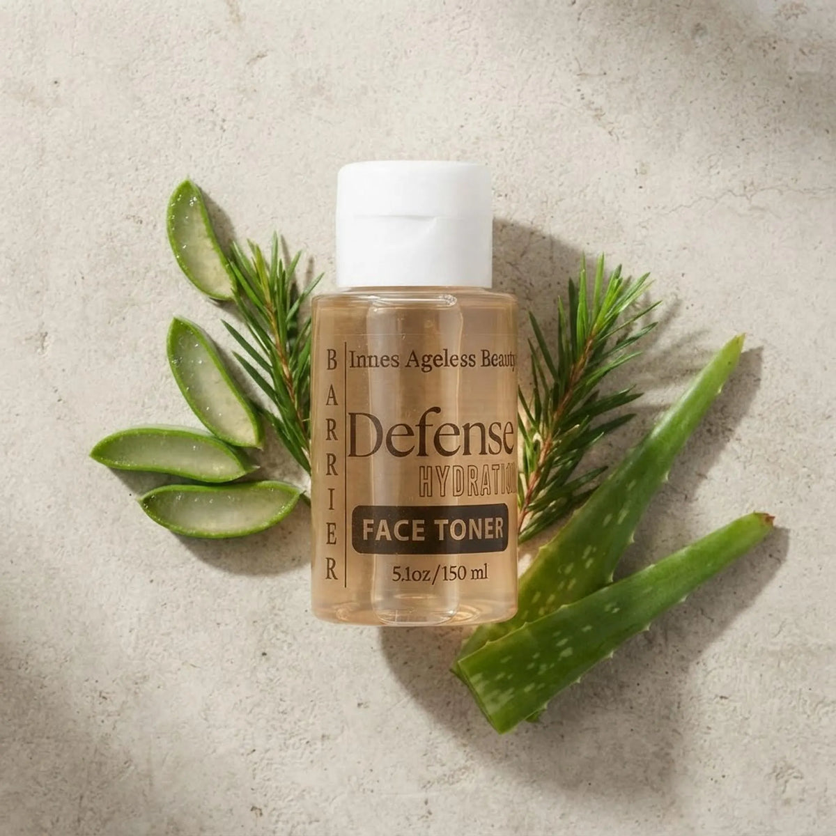 Barrier Defense Hydrating Toner bottle displayed with fresh aloe vera and botanical ingredients
