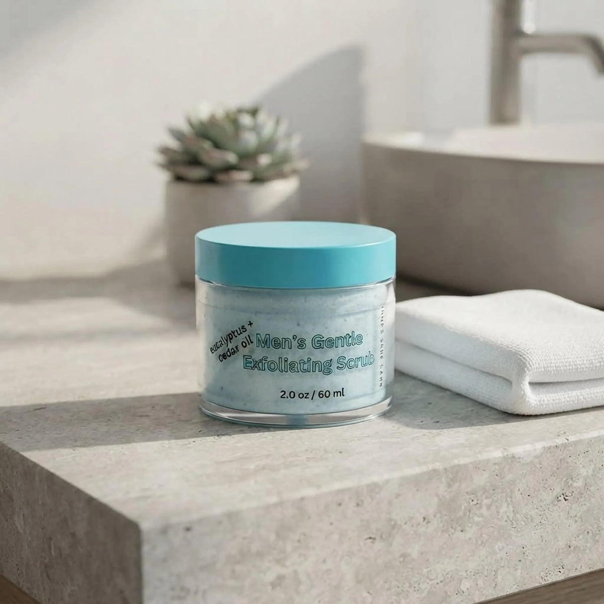 Men's Gentle Exfoliating Scrub jar on a clean bathroom countertop with a white towel and plant