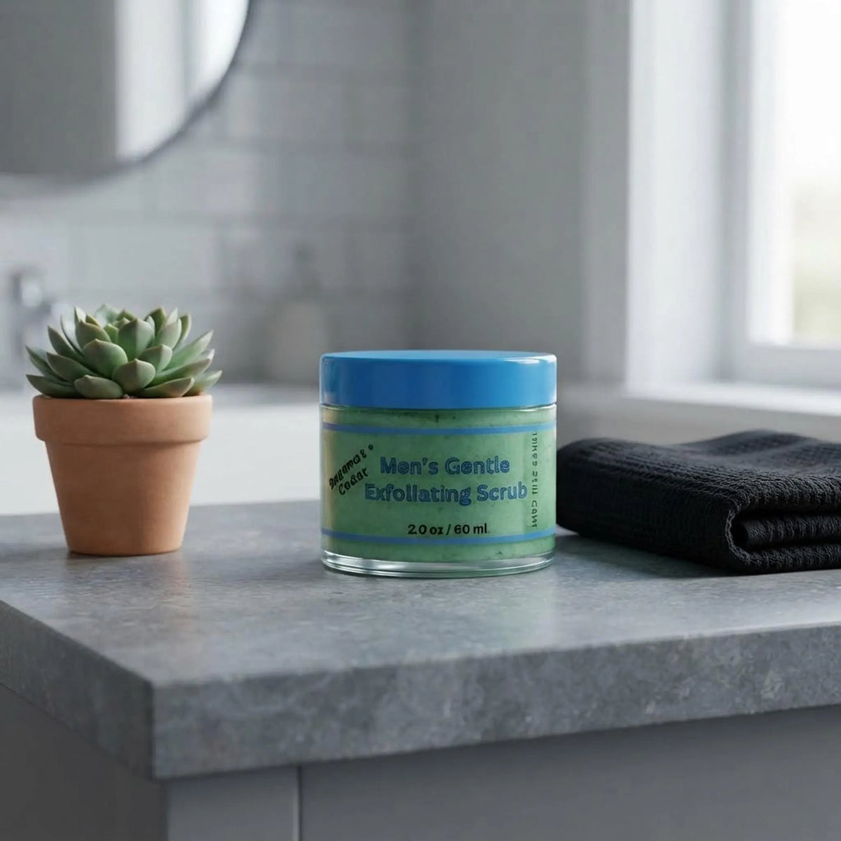 Men's Gentle Exfoliating Scrub jar on a modern bathroom counter with a hand towel and plant.