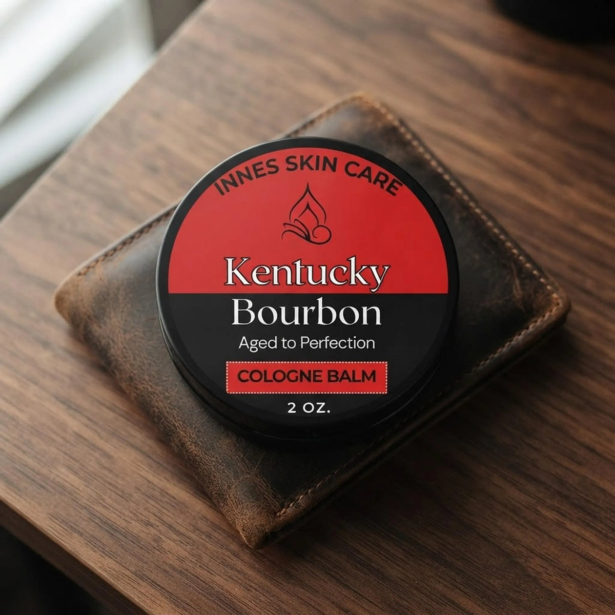 Kentucky Bourbon Cologne Balm jar arranged on a dark leather wallet and wood surface