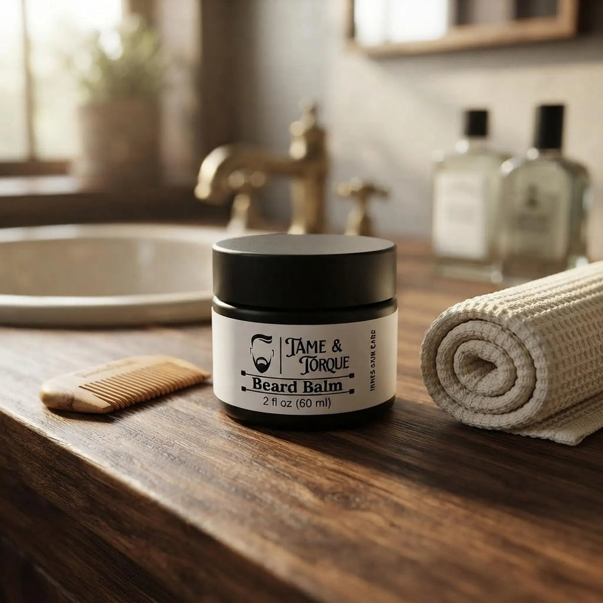 Tame & Torque beard balm jar placed on a rustic wood vanity next to a comb and towel.