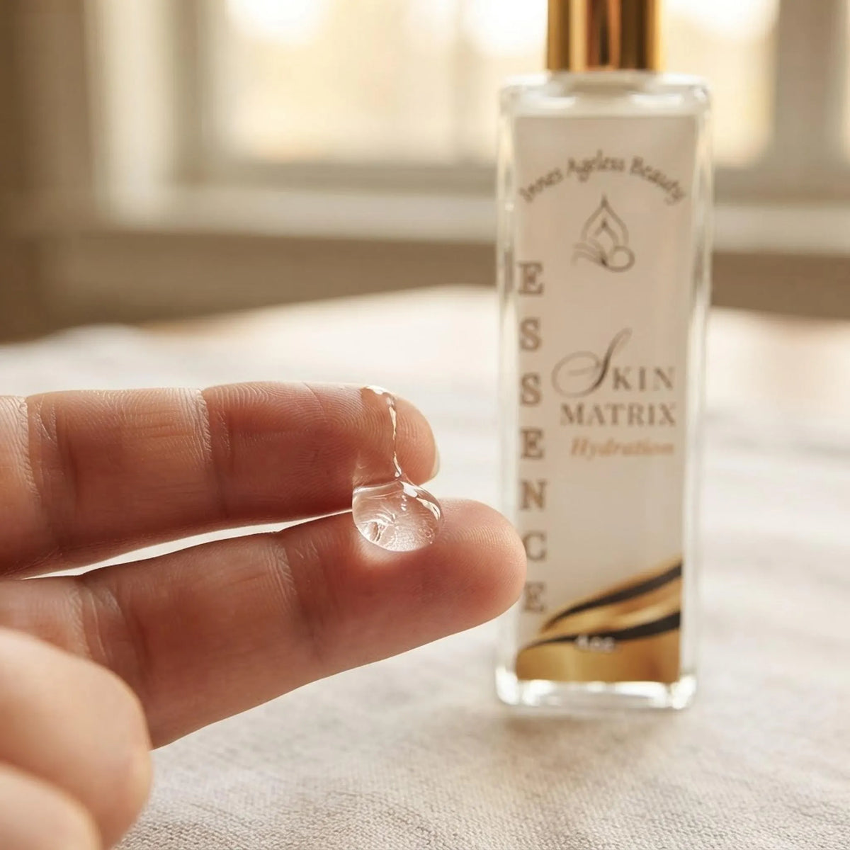 Close-up of lightweight hyaluronic acid essence serum on fingertips with the bottle blurred in the background.