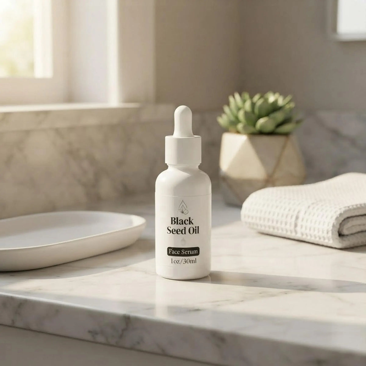 Black Seed Oil Face Serum bottle on a bright, minimalist marble bathroom vanity.