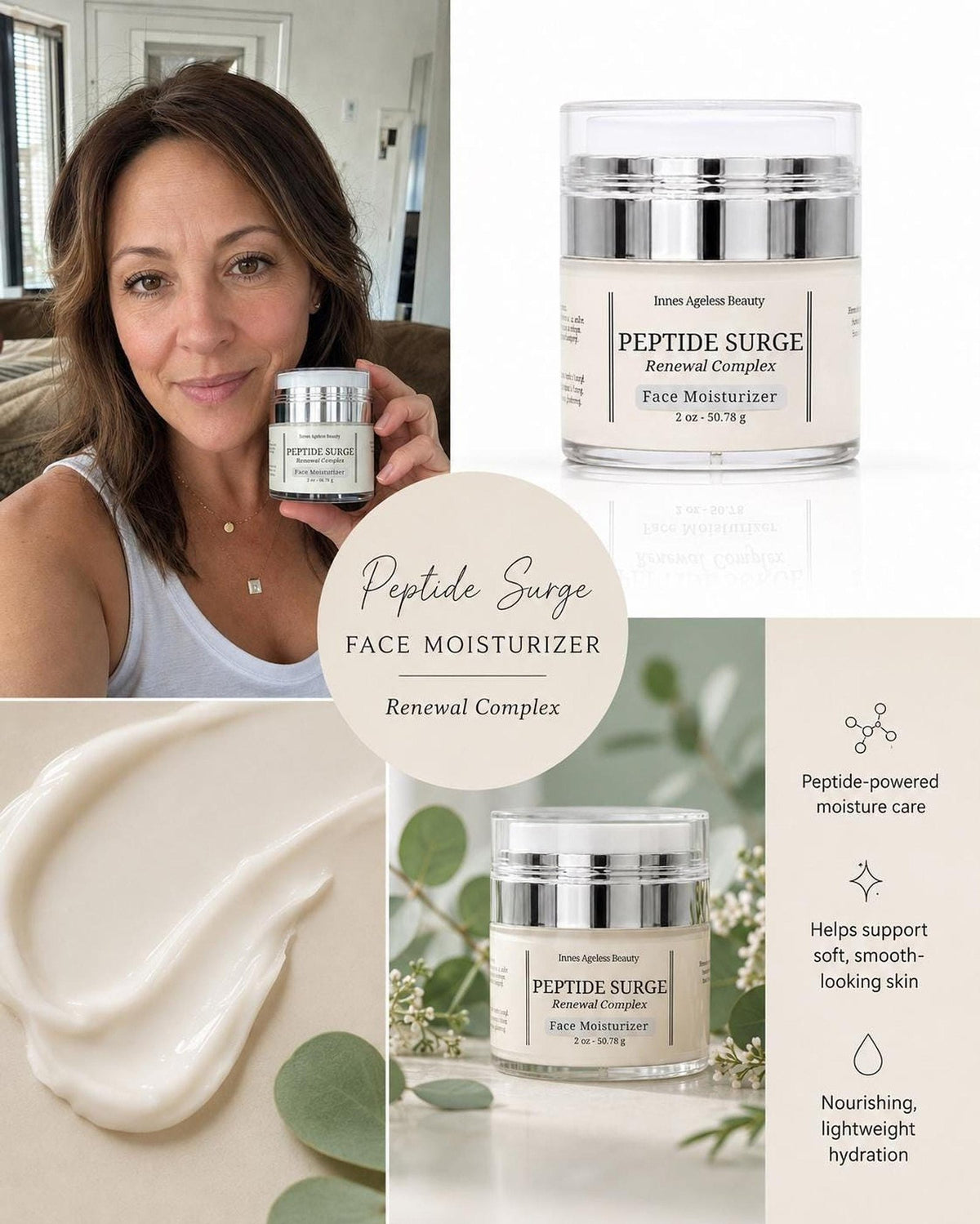 A composite promotional graphic showcasing the Peptide Surge Renewal Complex jar, a woman holding the jar, a cream texture swatch, and product benefit icons.