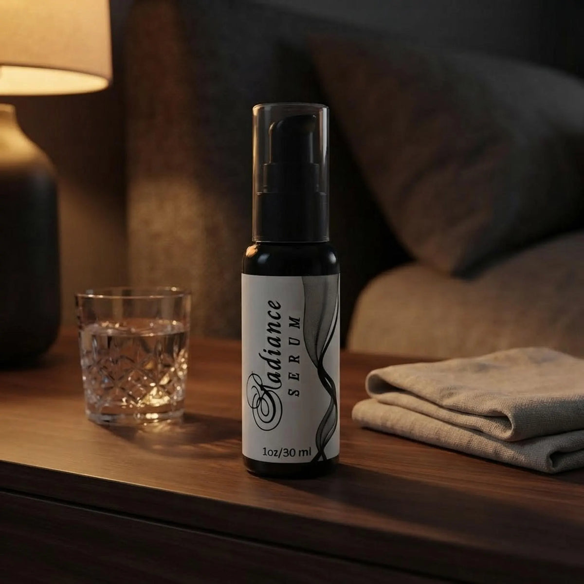 Radiance Serum bottle on a dark vanity under warm evening lighting for a nighttime skincare routine.