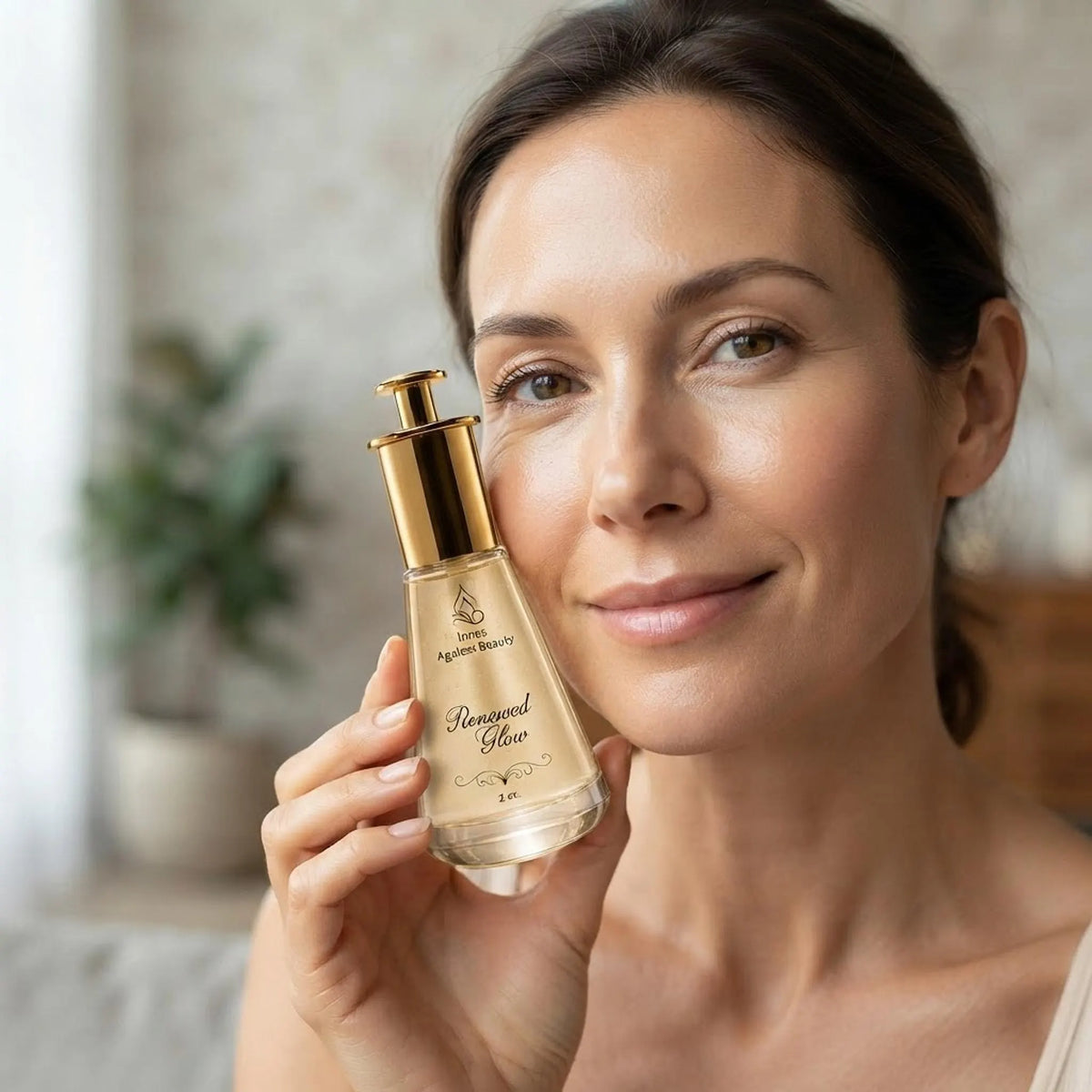 Woman holding the 2 oz serum bottle next to her face for scale