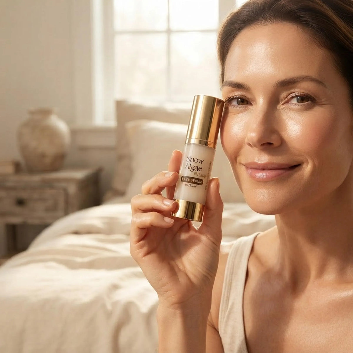 Woman holding the Snow Algae Collagen Face Serum bottle next to her face to show product scale