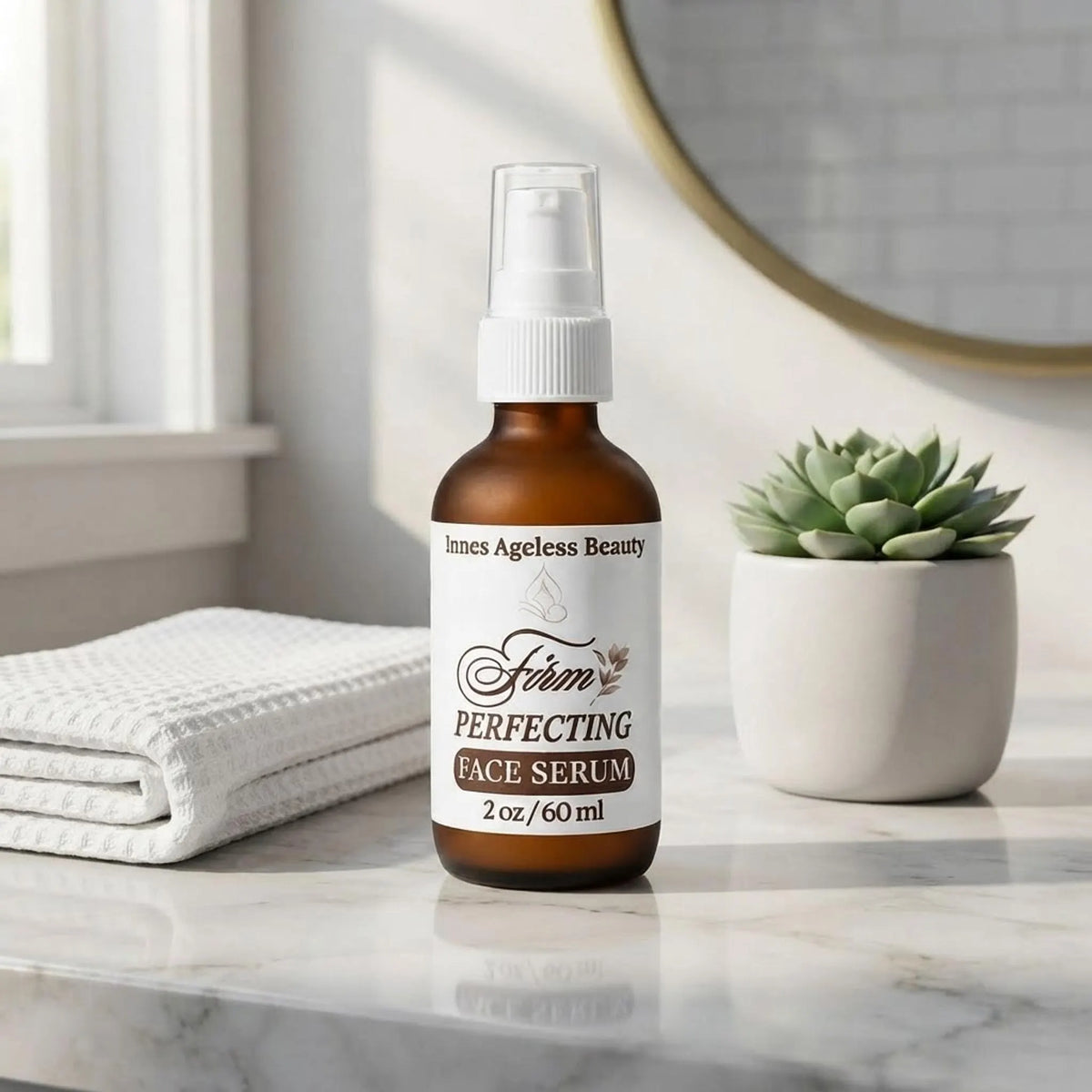 Innes Ageless Beauty Firm Perfecting Face Serum bottle on a marble bathroom vanity with a white towel and plant