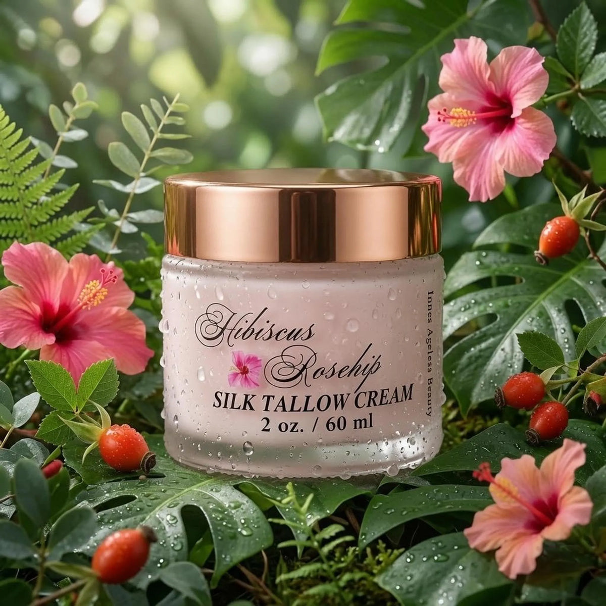 A glass jar of silk tallow cream with a metallic rose gold lid is surrounded by pink hibiscus flowers, red rosehip berries, and dewy green leaves.