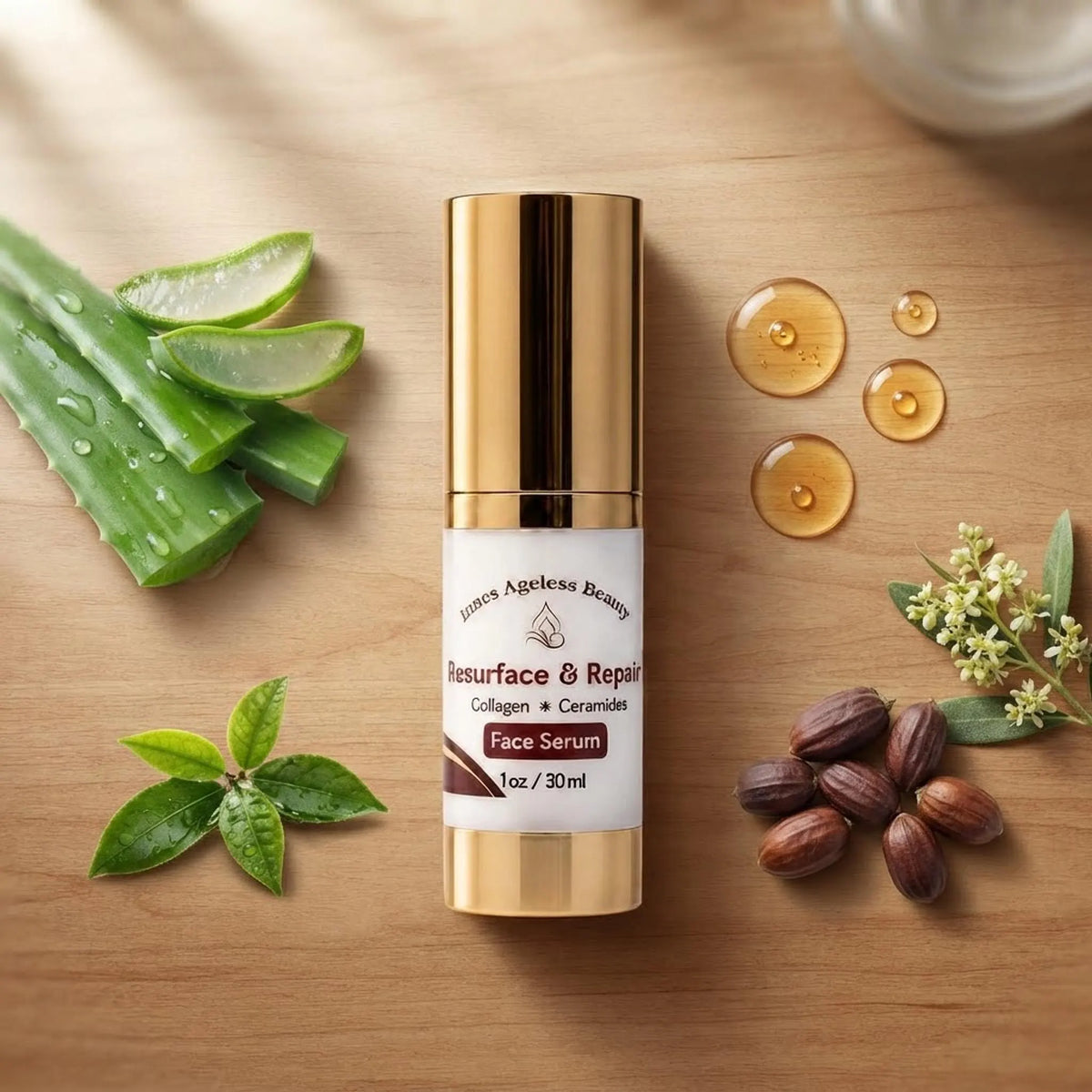 Flat lay of the serum bottle surrounded by raw natural ingredients used in its botanical formula