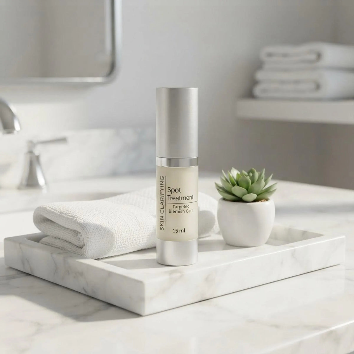 Skin Clarifying Spot Treatment bottle on a white marble bathroom vanity tray with soft morning light