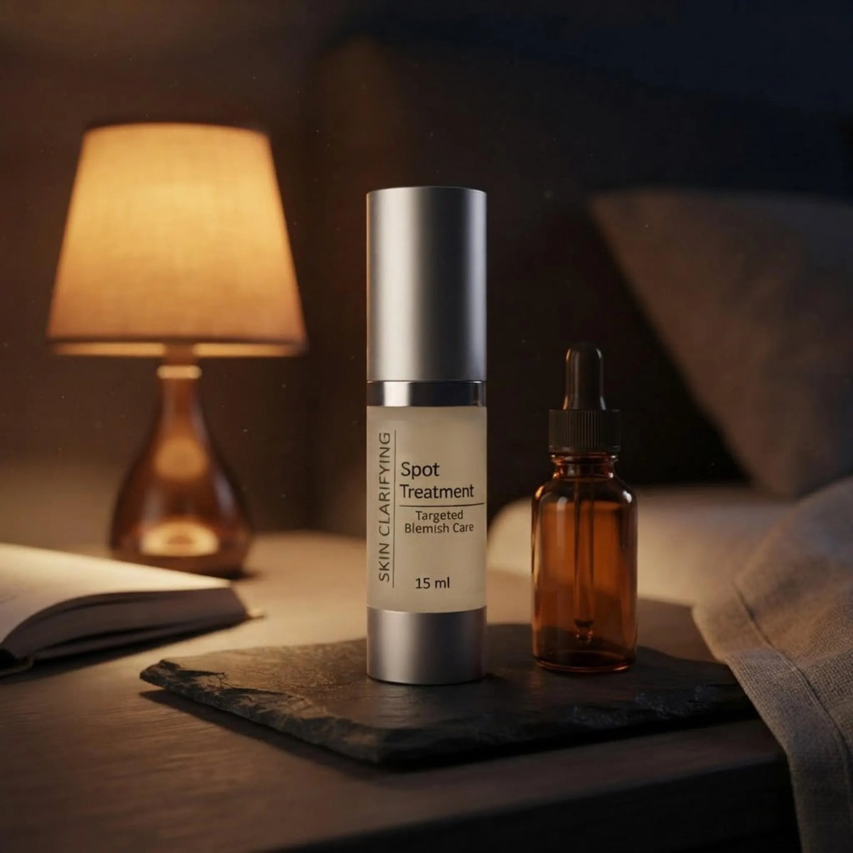 Spot treatment bottle on a dark slate coaster with warm evening lighting for a nighttime routine