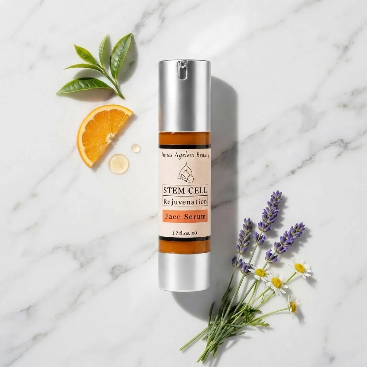 Flat lay photo of the serum bottle surrounded by botanical ingredients like lavender, chamomile, and citrus on a marble surface.
