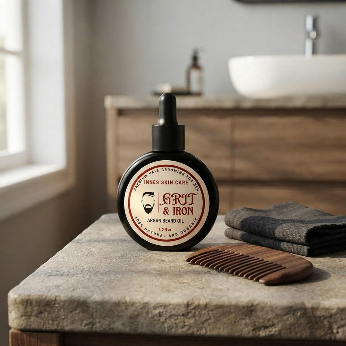 Grit and Iron Argan Beard Oil bottle displayed on a rustic wooden bathroom vanity alongside a grooming comb.