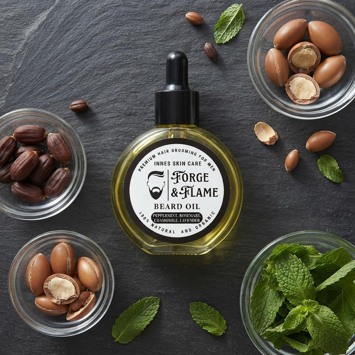 Forge and Flame beard oil bottle surrounded by natural ingredients like jojoba and peppermint.
