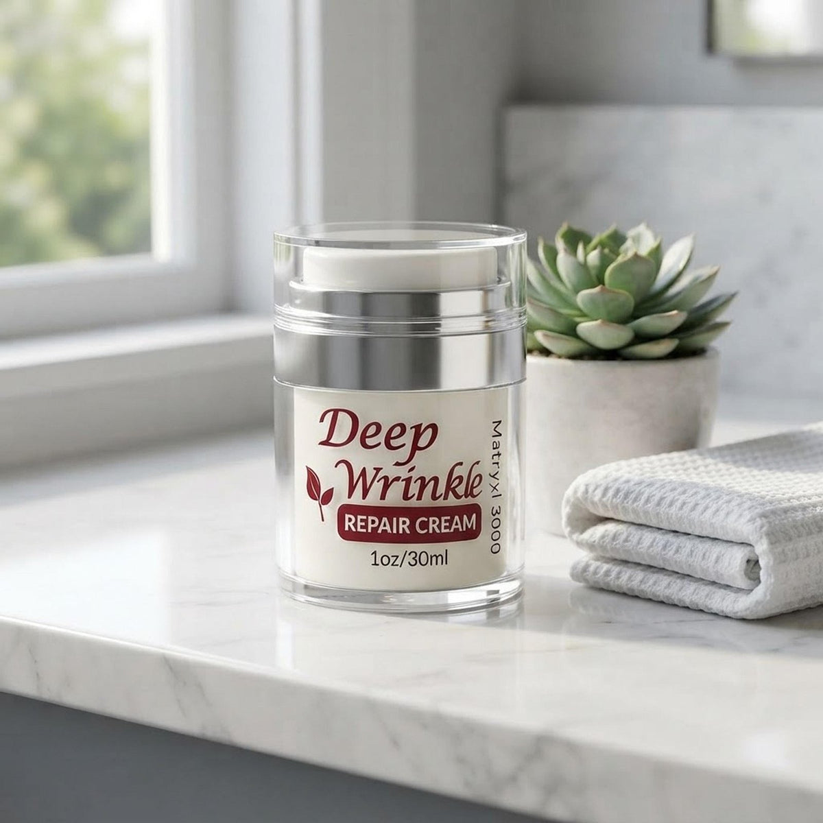 Deep Wrinkle Repair Cream jar on a marble bathroom vanity next to a plant and towel.