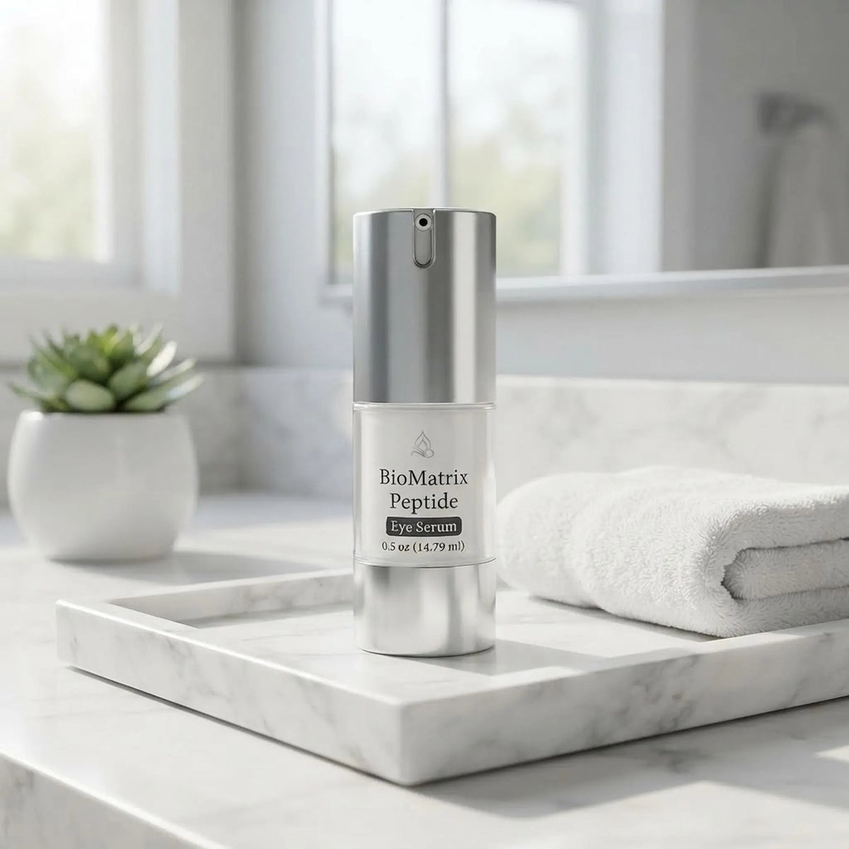 BioMatrix Peptide Eye Serum bottle on a marble bathroom vanity with a white towel and green plant in natural morning light.