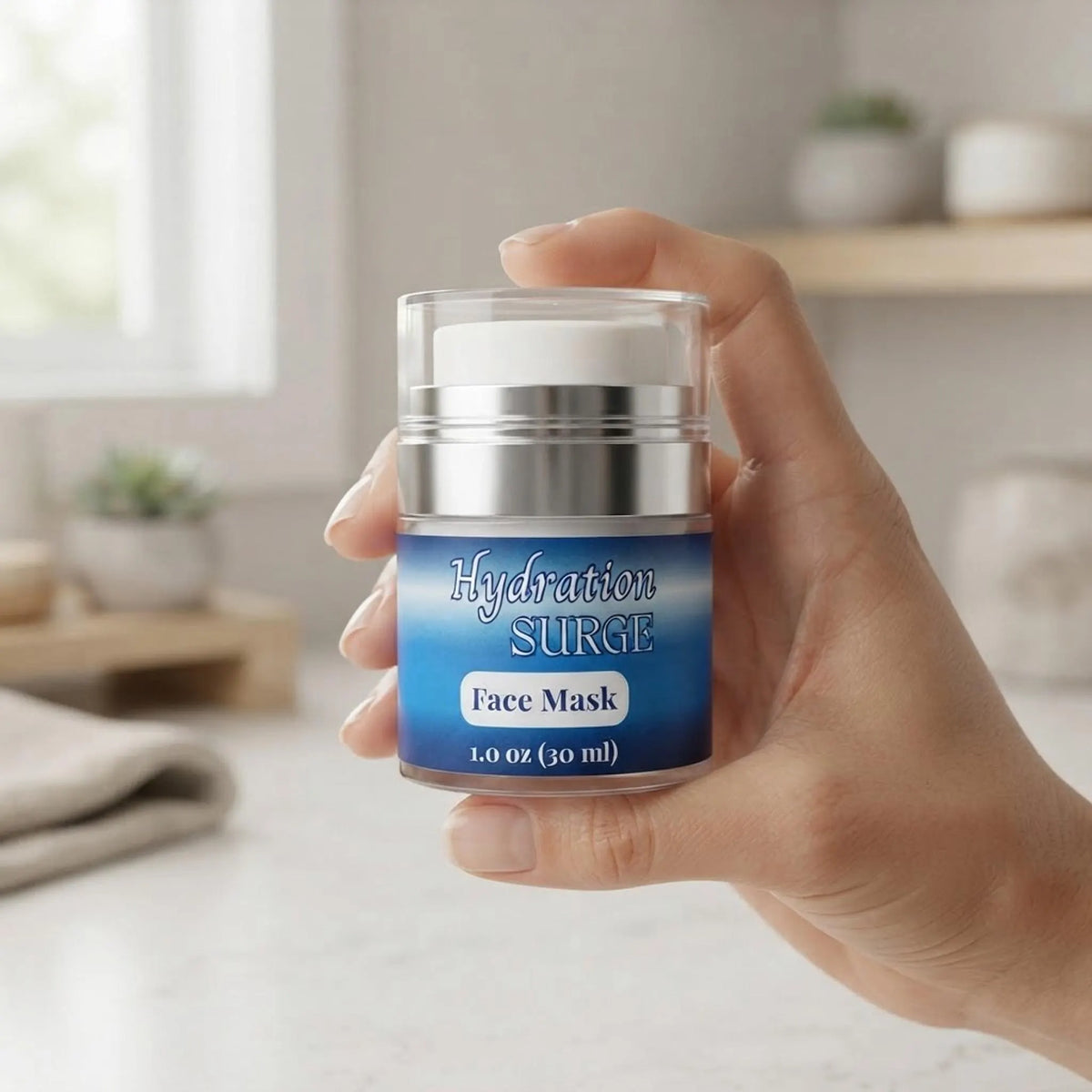 A hand holding the 1 oz Hydration Surge Face Mask jar to show product scale and airless pump design.
