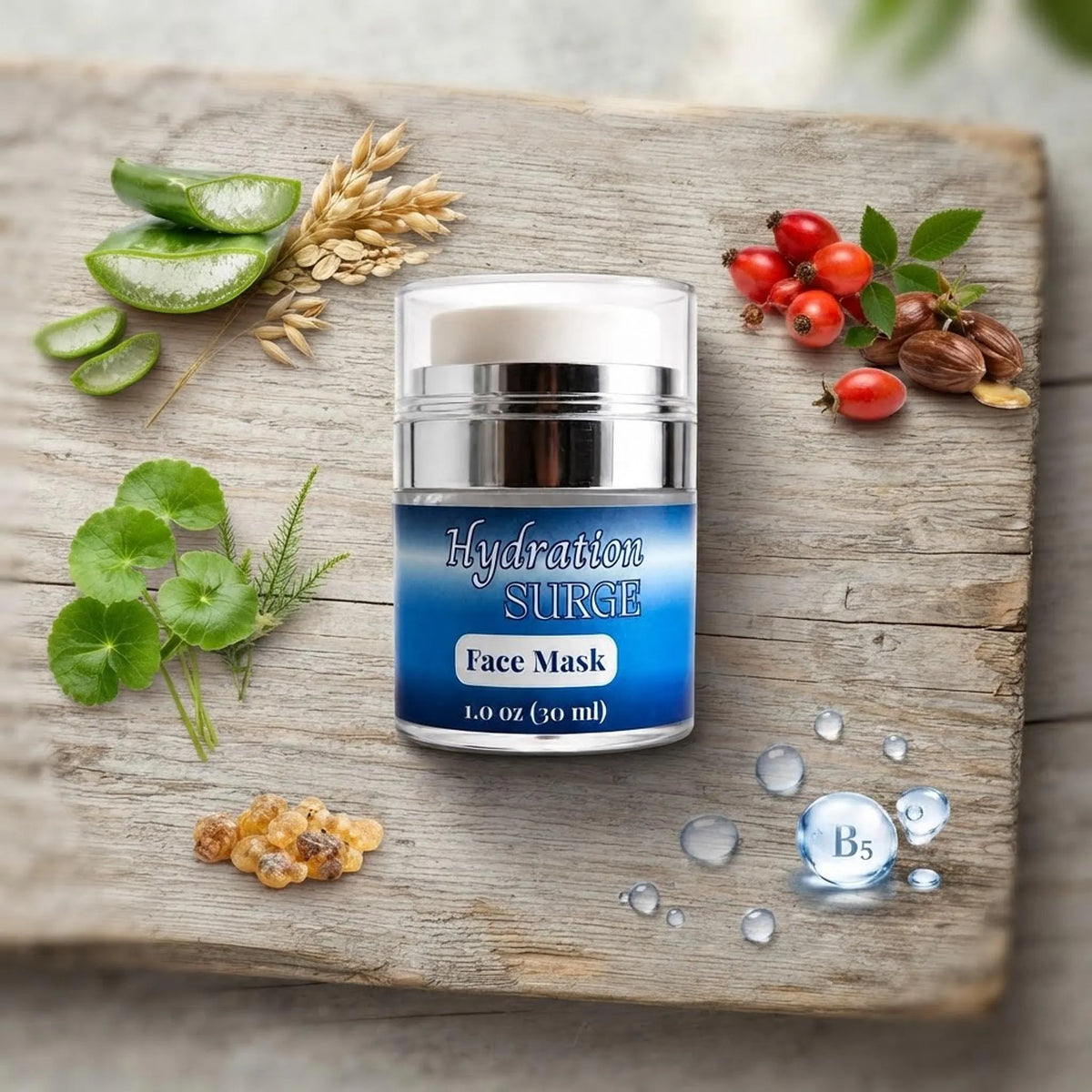 Hydration Surge Face Mask jar displayed in a flat lay with natural ingredients like aloe vera and oat stalks.