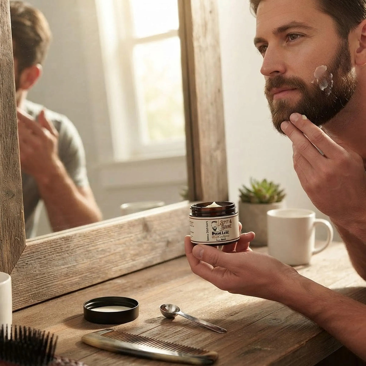 Man applying Innes Skin Care beard balm as part of his morning grooming routine.