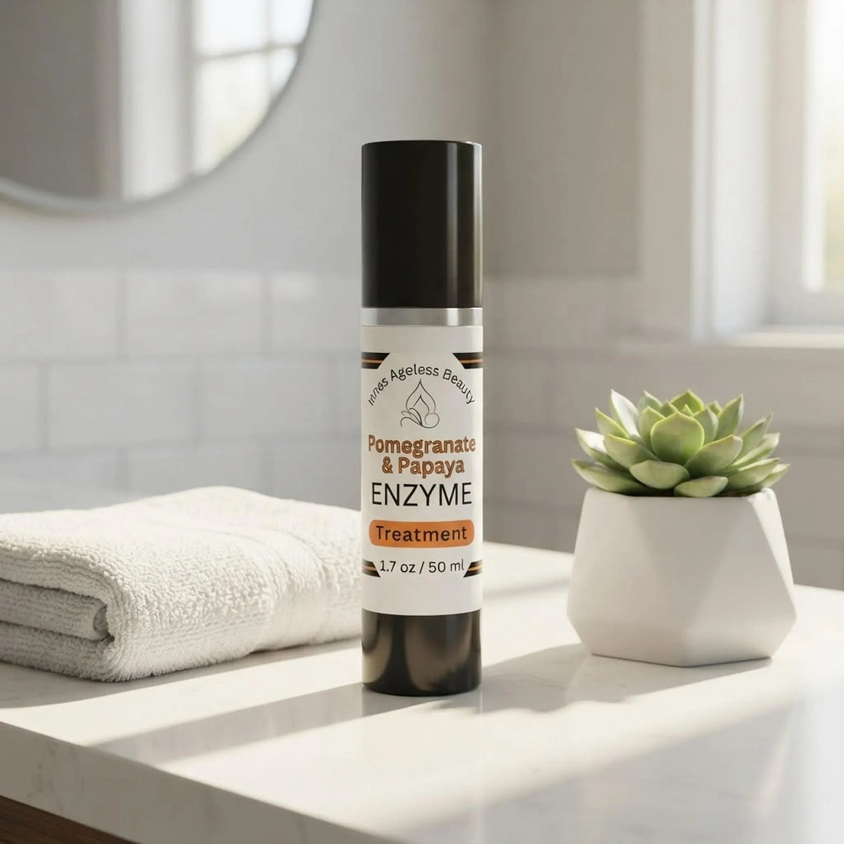 Innes Ageless Beauty Pomegranate and Papaya Enzyme Treatment bottle styled on a clean modern bathroom vanity in natural morning light