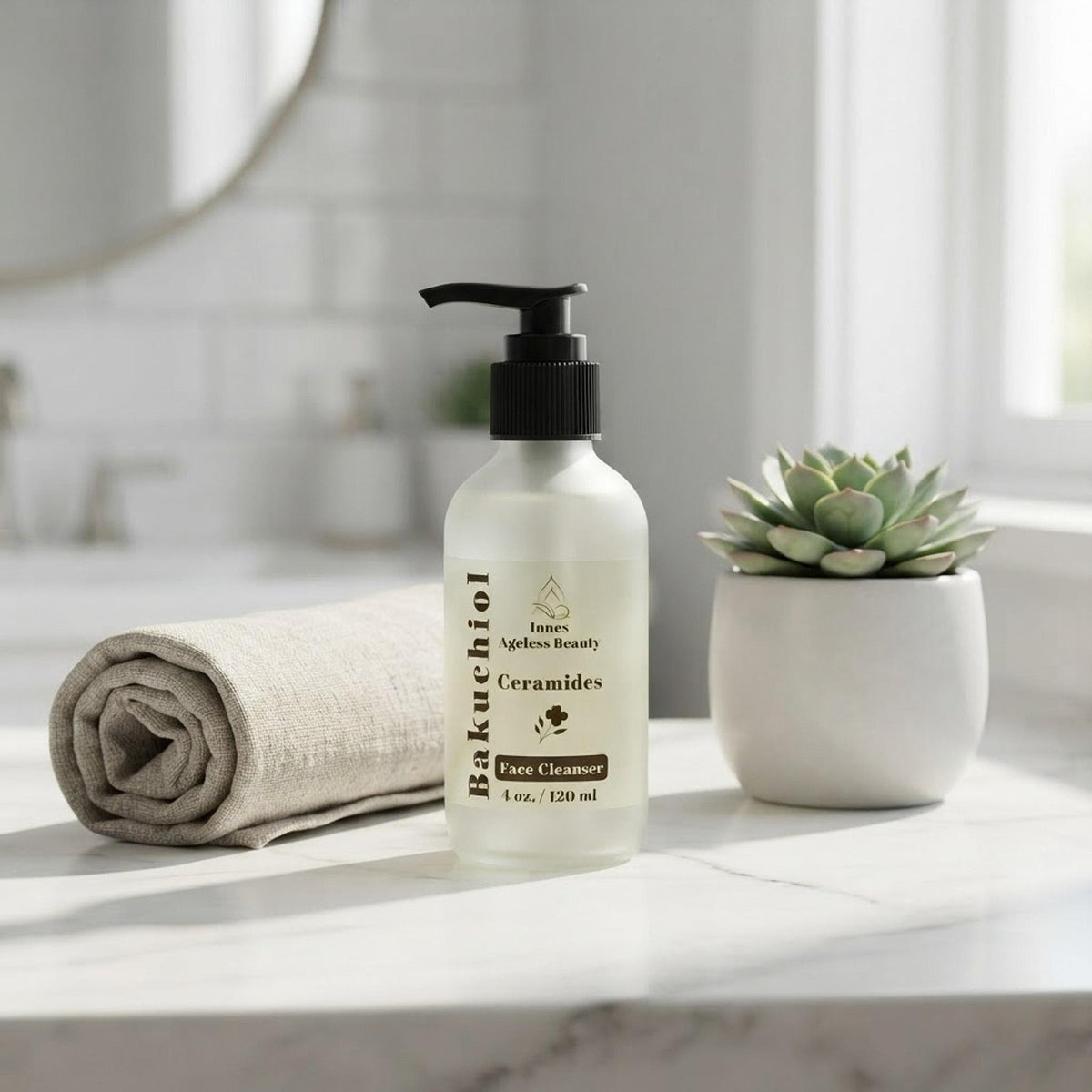 Frosted glass face cleanser pump bottle displayed on a modern marble bathroom vanity with a linen towel and plant.