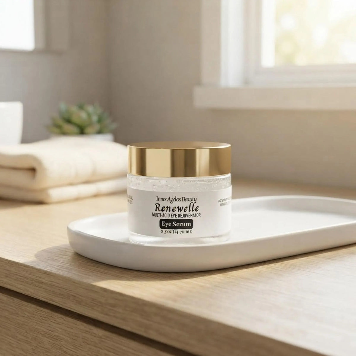 Innes Ageless Beauty Renewelle eye serum jar on a modern wooden bathroom vanity with soft natural light.