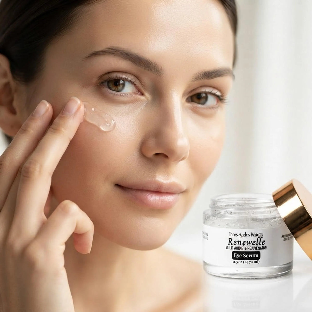 Woman gently applying the Renewelle eye serum under her eye on a clean background.