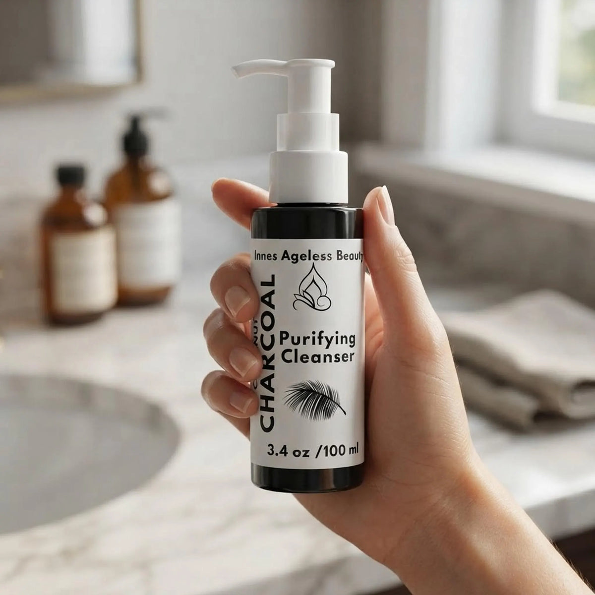 Person holding the 3.4 oz charcoal cleanser pump bottle to demonstrate bottle size and scale.