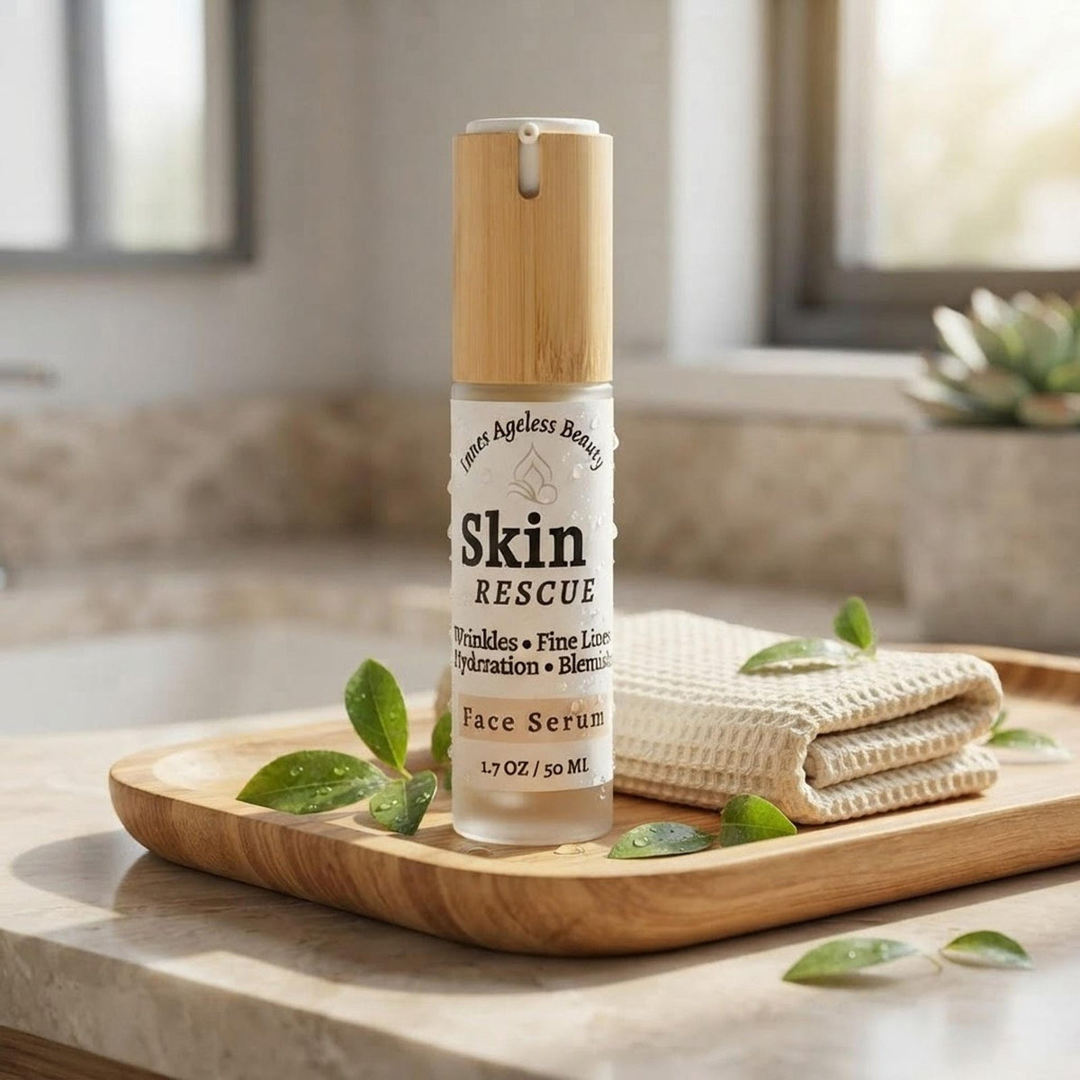 Skin Rescue Face Serum in bamboo pump bottle on a modern bathroom vanity with natural greenery.