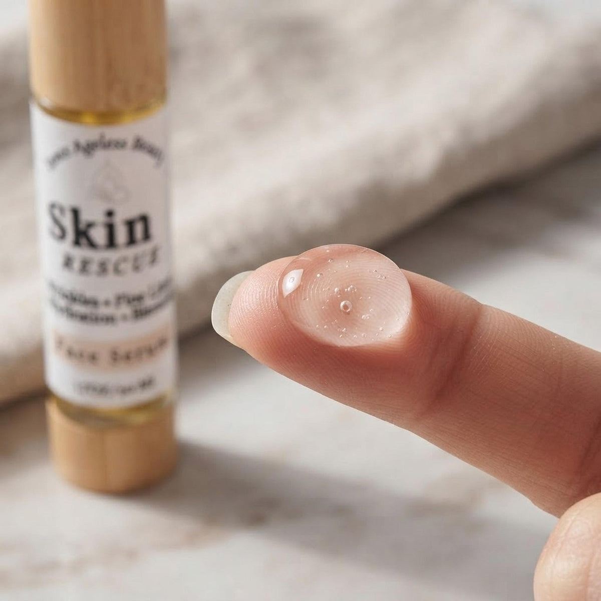 Close-up of the lightweight, nourishing texture of the facial serum on a fingertip.