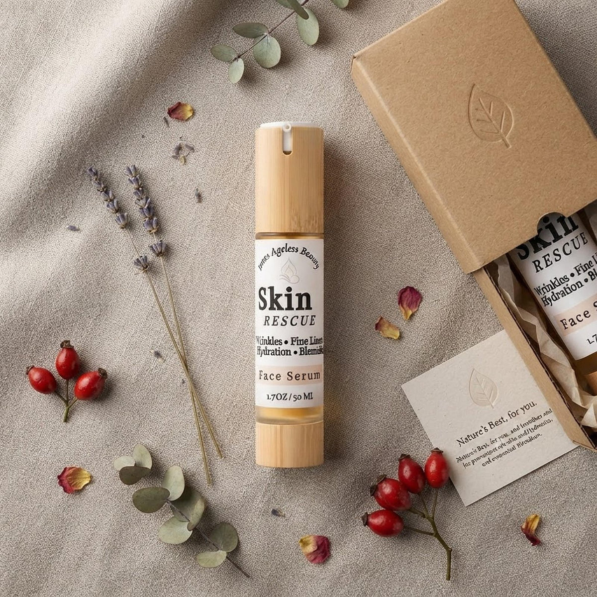 Skin Rescue face serum bottle presented with eco-friendly packaging and natural botanicals.